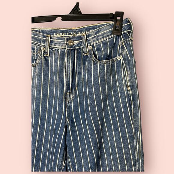American Eagle MOM JEANS Womens 0 XS Blue White STRIPED Denim HIGH RISE 28x29 - Picture 2 of 6